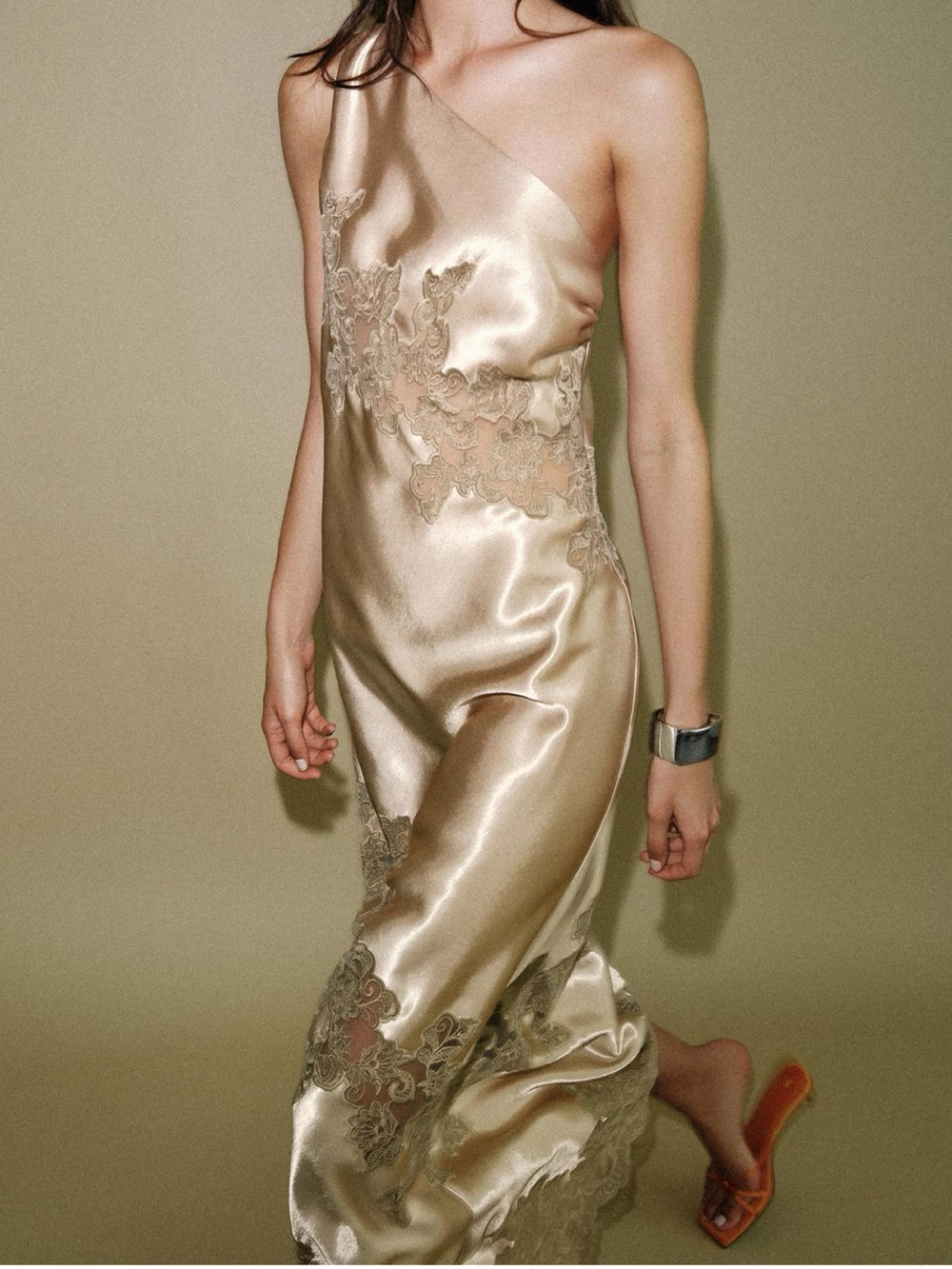 Zara Asymmetric Lingerie Style Midi Dress in Soft Gold - Picture 2 of 11